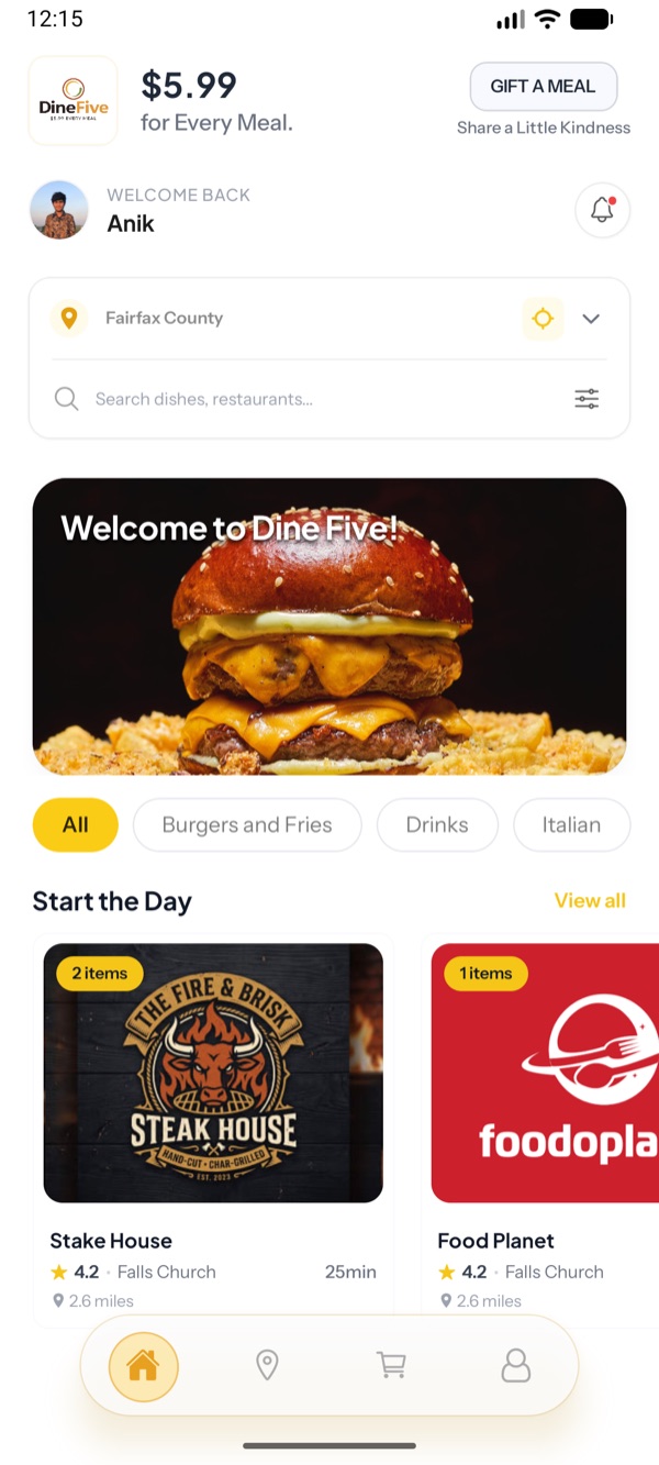 DineFive app home screen showing $5.99 meals from local restaurants